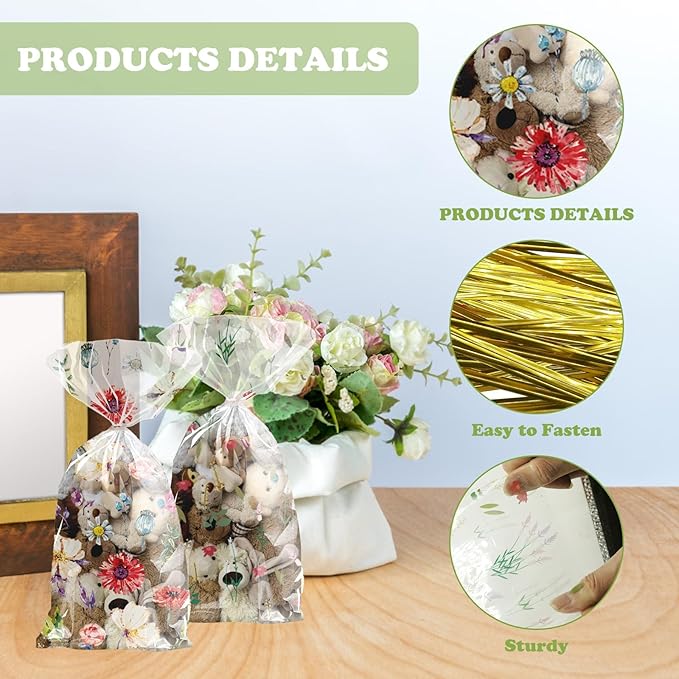 CANIPHA 100Pcs Wildflower Party Cellophane Treat Bags Plastic Floral Candy Cookie Packing Clear Goody Gift Bags Favor Decorations 4 Design with 100 Ties for Birthday Baby Shower Tea Party Supplies