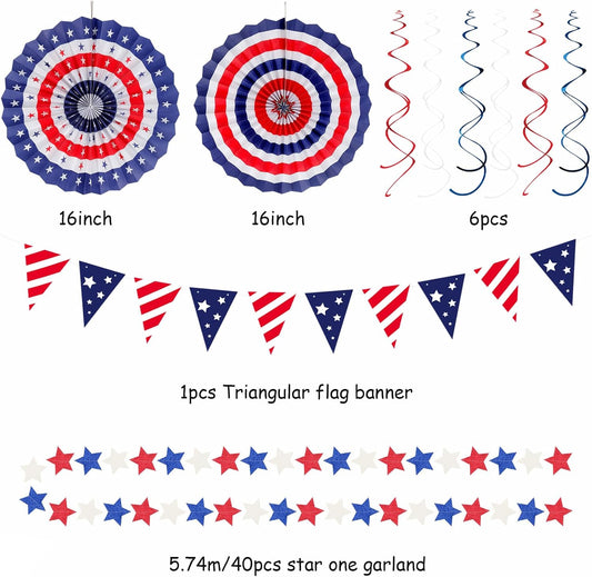 Red-White Blue Memorial-Day Patriotic Decorations - 21pcs 4th Fourth of July Paper Lanterns Fans,Tissue Pom Poms Streamers,Honeycomb Balls,USA Americana Independence Banner Decor Burgleda