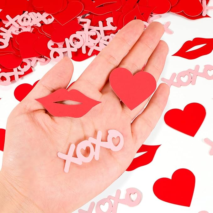 XOXO Letters with Red Lips & Hearts Confetti - 200-Piece Romantic Party Decor, Biodegradable Paper Mix for Valentine's Day, Wedding, Anniversary Table Scatter