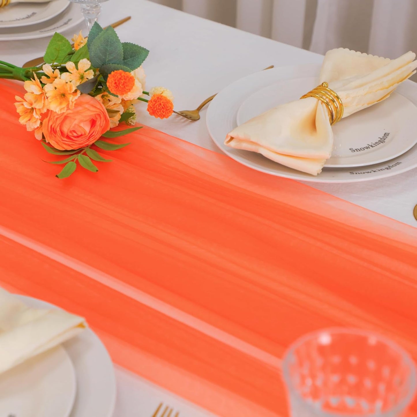 Snowkingdom Orange Fall Table Runner, Burnt Orange Gauze Sheer 10FT Long Tulle Thanksgiving Table Runners, Seasonal Autumn Harvest Cheese Cloth Decorations for Birthday Wedding Party 120inch