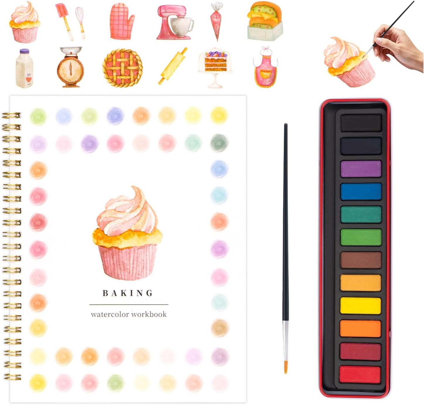 Kivzex Watercolor Workbook for Adults, Beginner Friendly Watercolor Painting Kit Baking Pattern Water Coloring Book, Nature-Themed Practice Art Gift Water Color Paint Book with Palette and Brush