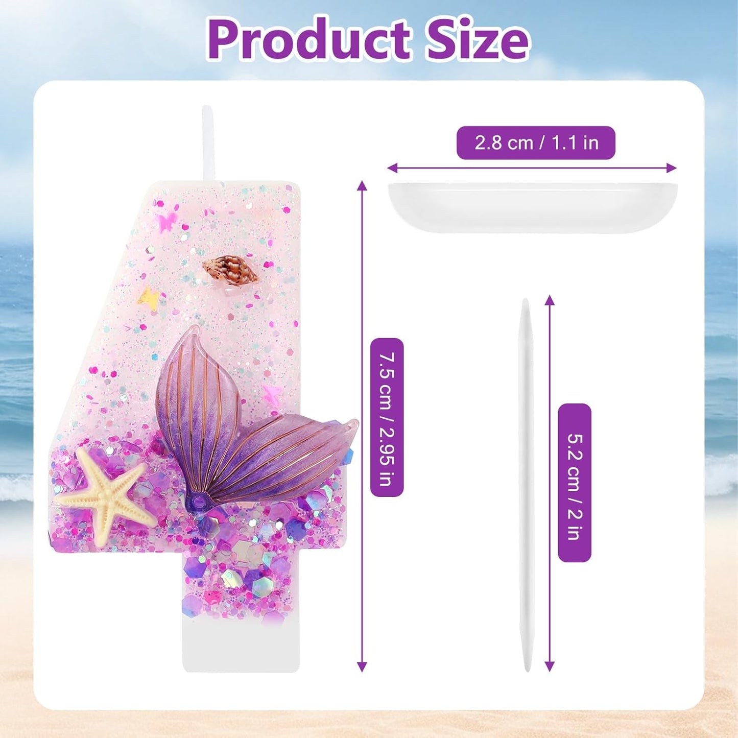 Purple Number 4 Candles Mermaid Birthday Candle 4th Birthday Cake Topper Cupcake Decorations for Girls and Women Party Decor Anniversary Celebrations Supplies Favors