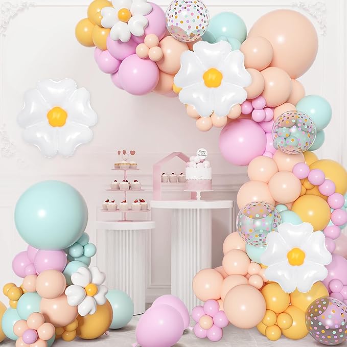 168Pcs Daisy Balloon Arch Garland Kit, Pastel Blue Orange Yellow Purple Confetti Daisy Wild Flower Balloons for Mothers Day Boho Two Groovy One Birthday Floral Girl Baby Shower Spring Party Decoration
