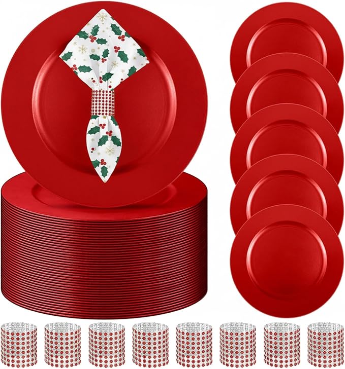 Tanlade 100 Pcs Charger Plates Set Bulk Include 50 Plastic Plate Chargers and 50 Napkin Rings 13" Round for Dinner Table Setting Wedding Baby Shower Decoration(Red)
