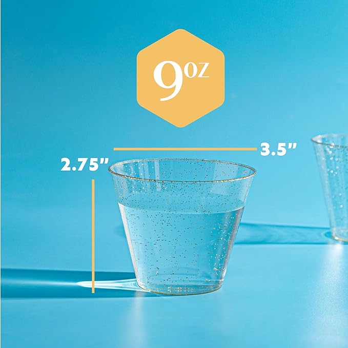 PLASTICPRO 9 oz Disposable Plastic Party Cups,Old fashioned Designed Tumblers, Gold Glitter 100 Count,