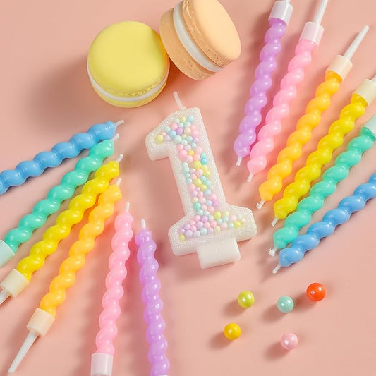 PHD CAKE Number 1 Birthday Candle Macaron Glitter Number Candle with Rainbow Spiral Candles in Holders for Cake Topper, Pastel Sweet Theme Party Decoration