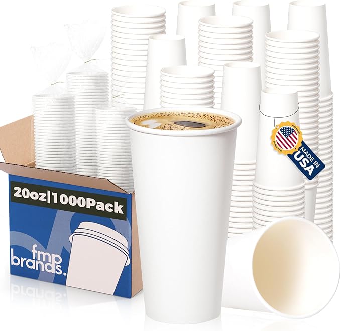 Fit Meal Prep 1000 Pack 20 oz Disposable Paper Coffee Cups, Premium White Hot Cups for Hot/Cold Beverage, Durable Thickened Paper Cup Bulk for Party, Office, Bussines, Home, Bistros, Events