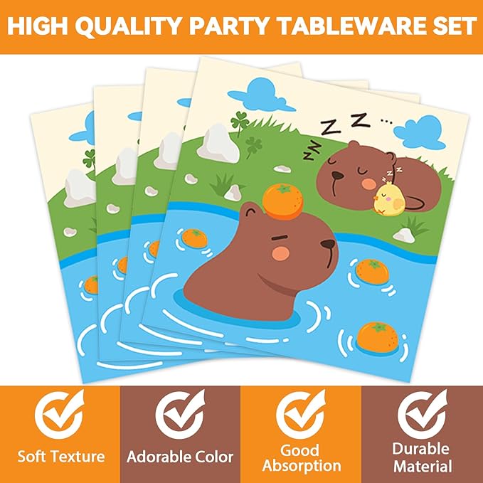 OBUSATT 96Pcs Capybara Birthday Party Supplies - Capybara Paper Plates, Napkins, Decorations, Zoo Pals Dinnerware, Party Favors, Cute Animal Tableware Serves 24