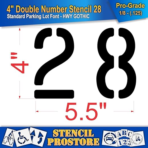 Pavement, Curb, and WheelStop Stencils - 4 inch Double Number Stencil - (28) - 4" x 5.5" x 1/8" (128 mil) - Pro-Grade
