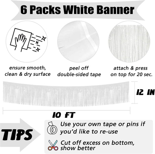 6 Pack 10 Feet Foil Fringe Garland Metallic Tinsel Banner Wall Hanging Curtain Streamers Backdrop for Parade Floats Bachelorette Wedding Birthday Party Thanksgiving Christmas Decorations(White)