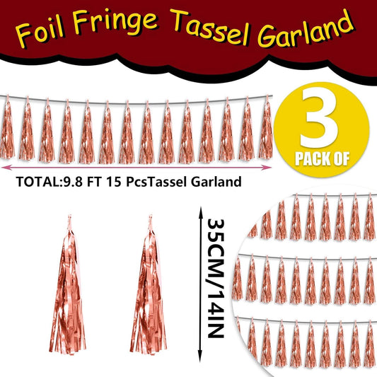 3P Metallic Fringe Tassel Banner Garland Foil Tinsel Streamer Wall Hanging Curtain Backdrop Banner for Parade Floats,Graduation Decorations, Wedding Party Decoration(Rose Gold)