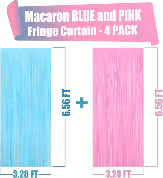 4 Pack Macaron Pink Blue Foil Fringe Curtain Backdrop, 3.28Ft x 6.56Ft Metallic Tinsel Foil Fringe Streamers for Photo Booth, Wedding Gender Reveal Backdrop Boy or Girl Birthday Party Decoration