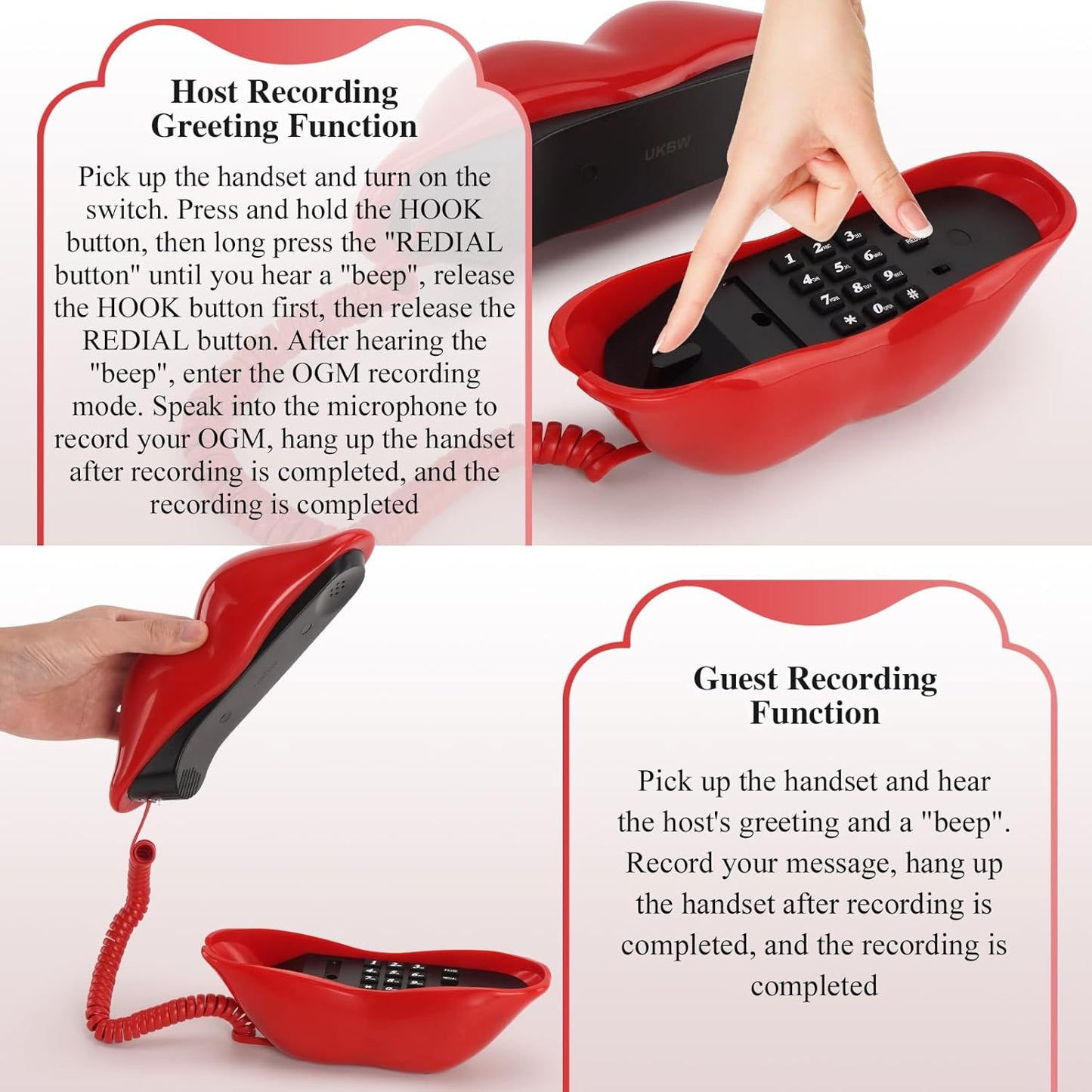 UKBW Audio Guest Book Wedding Phone, 32G Record Customized Audio Message,Interesting Mouth Lip-Shaped Audio Guestbook for Birthdays Parties Confessions Special Occasions (Red)