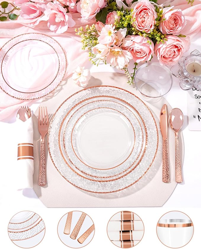 Ciaell 350PCS Rose Gold Plastic Plates - Clear Rose Gold Disposable Plates with Plastic Silverware include 100Plates, 150Silverware, 50Cups, 50Napkins for Wedding & Party & Easter
