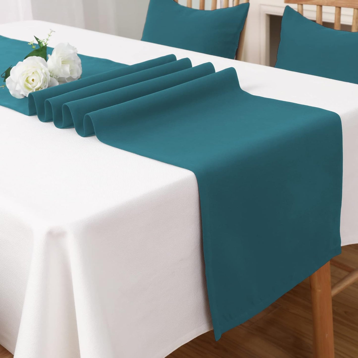 DUALIFE Teal Table Runner 14x108 inch Solid Color Thick Polyester Decorative Cloth Handcrafted for Wedding Party Birthday Graduations Hotel Restaurant Banquet Catering Services Event