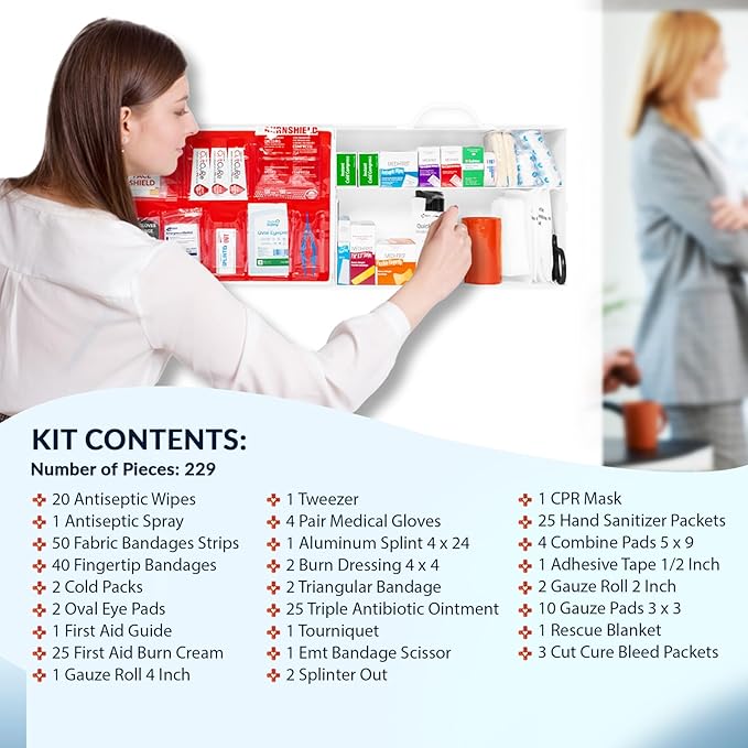 MFASCO 2 Shelf First Aid Cabinet - ANSI/OSHA Class B Type I & II - Medi First Brand Bandages - Carry or Wall Mount - Easy Restock & Refill - - White Enamel Finish - 226 Pcs - 16"x11"x4 7/8"