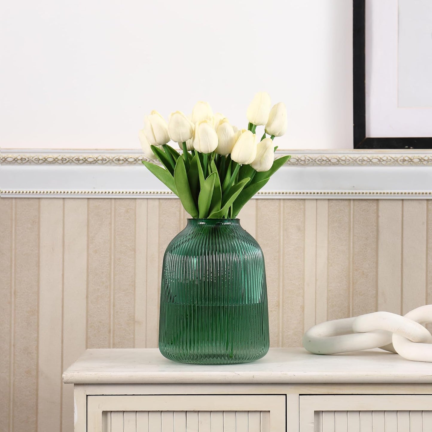 Green Glass Vase, Large Vase for Flowers, Flower Vases for Bouquet, Ribbed Glass Vases for Living Room, Bathroom, Dining Table, Office, Wedding, Centerpieces, 8 Inches