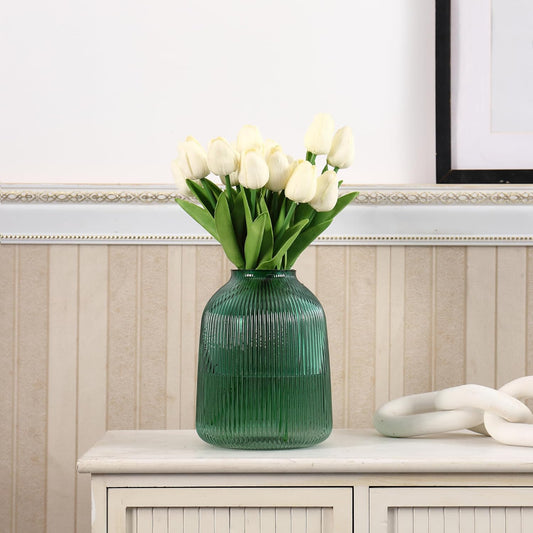 Green Glass Vase, Large Vase for Flowers, Flower Vases for Bouquet, Ribbed Glass Vases for Living Room, Bathroom, Dining Table, Office, Wedding, Centerpieces, 8 Inches