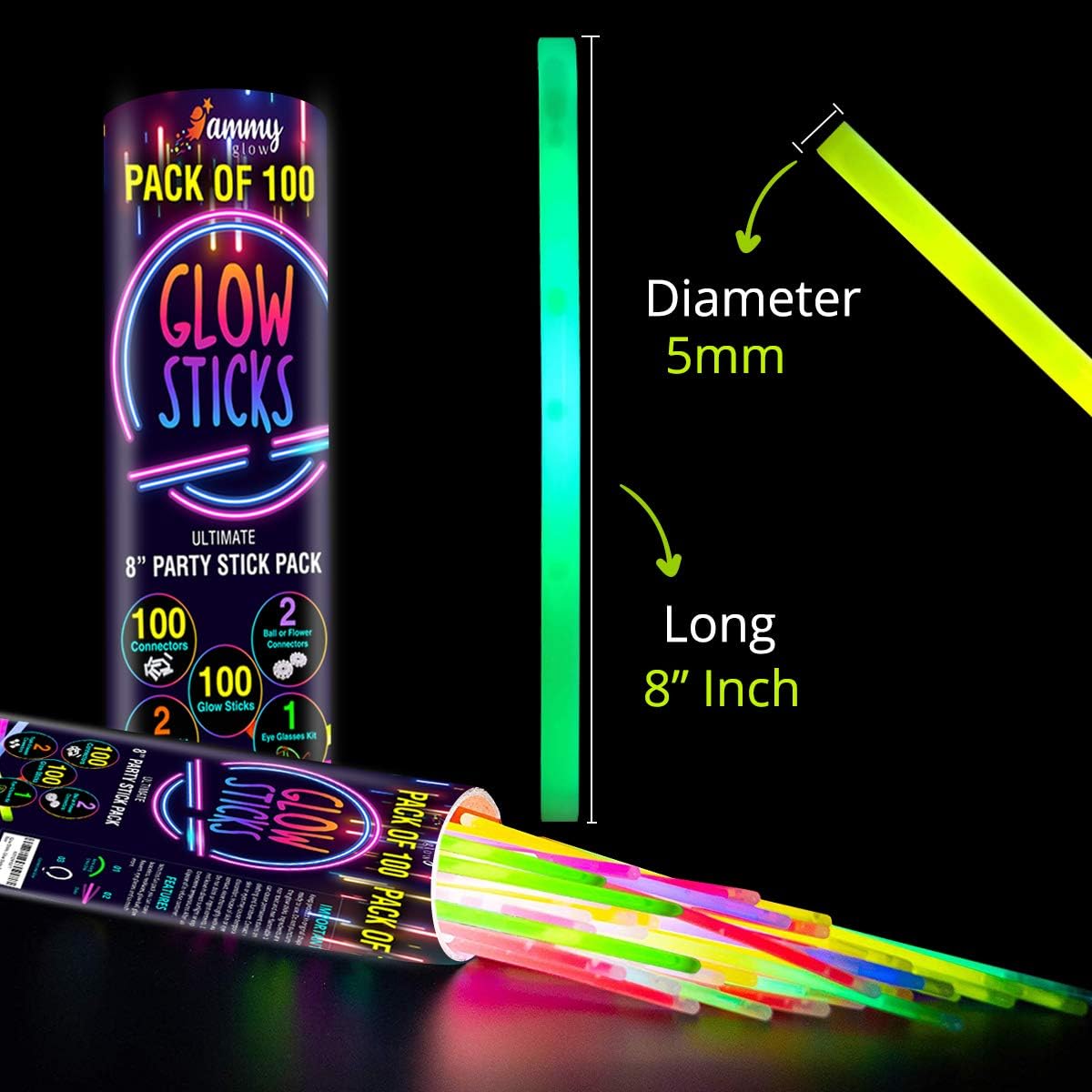 Ammy Glow-205 Pcs-Glow Sticks Bulk Party Pack -halloween party favors,Glow in The Dark Party Supplies - Eye Glasses, Glow Bracelets & Necklaces - Wedding Favors (Tube packed)