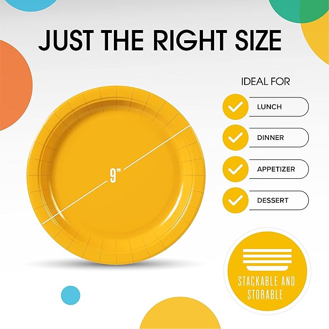 Exquisite Party Solids Yellow Paper Plates Disposable Heavy Duty 9 Inch Yellow Disposable Plates For Party 100 Pcs Heavy Duty 350 GSM, Birthday Supplies