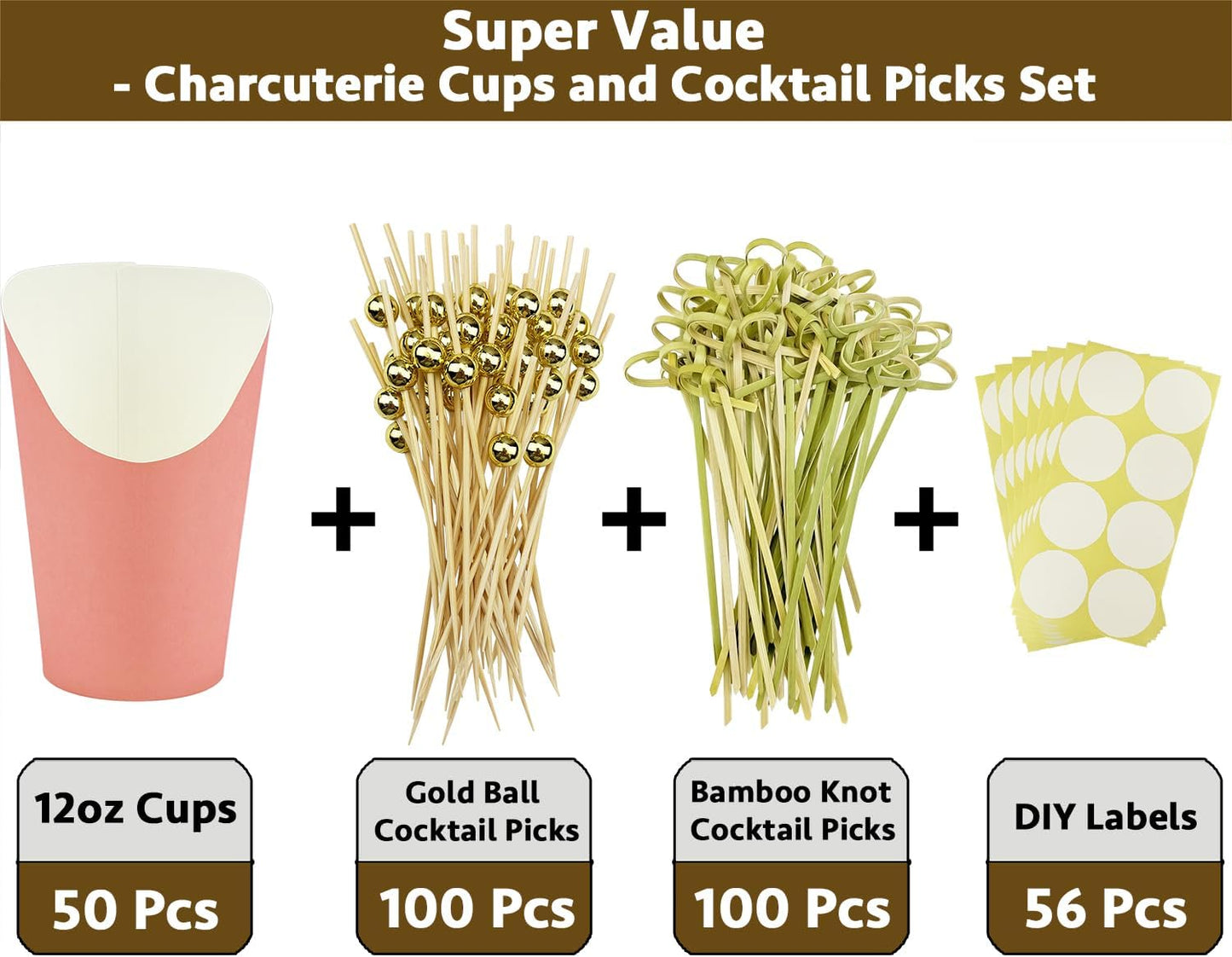 CAMKYDE 50 Charcuterie Cups + 200 Cocktail Picks + 56 Labels, 12 oz Disposable Charcuterie Cups with Sticks (2 Types), French Fry Cup Pink Paper Appetizer Cup for all Occasions (Pink)