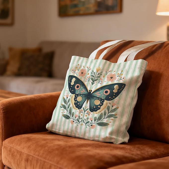 Green Butterfly Floral Tote Bag for Women,Butterfly Canvas Tote Bag for Girls,Green and White Striped Farmhouse Botanical Aesthetic Reusable Shopping Grocery Bags Party Favors