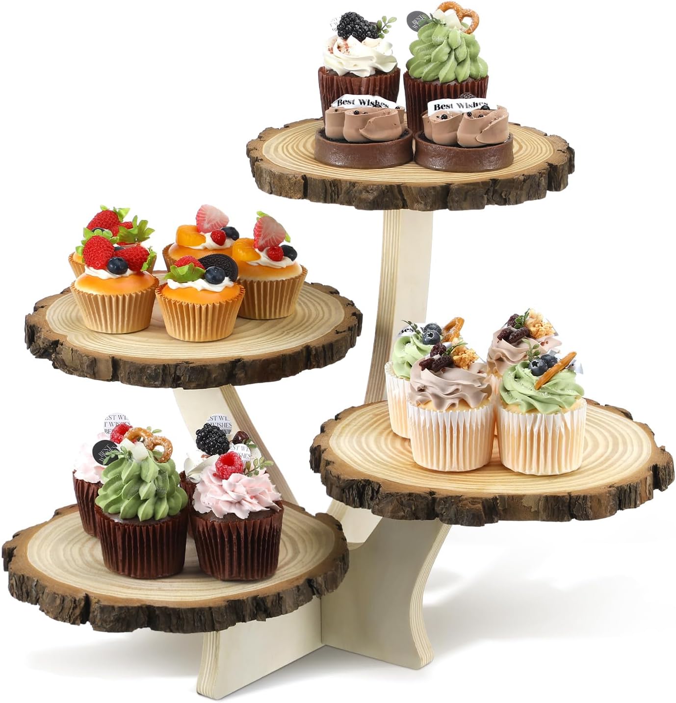Chunful 4 Tier Round Natural Wood Cupcake Dessert Stand, Cup Cake Tower Stand Holder, Wooden Cake Display Tiered Centerpiece, Great for Party, Birthdays, Weddings, Baby Showers, Holiday Decoration