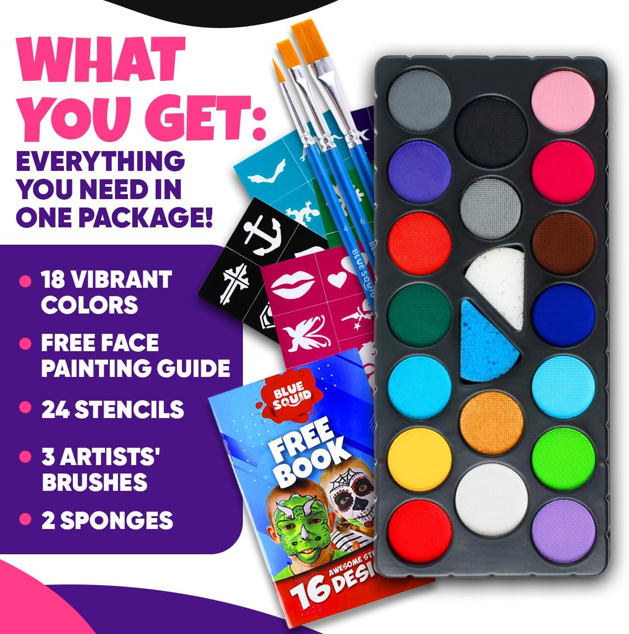 Blue Squid Face Painting Kit for Kids – 18 Colors Kids Face Paint Kit Palette with Stencils & Guided Tutorial, Water Activated Non Toxic Washable Professional Facepaint body set Halloween Party Makeup
