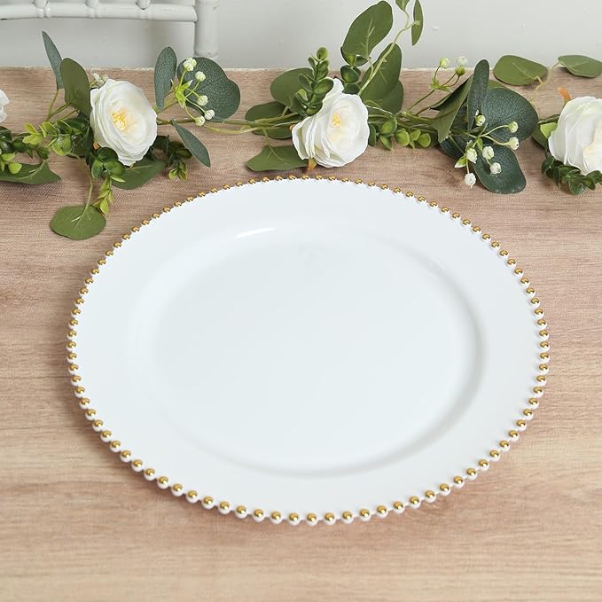 Efavormart 10-Pack Economy Plastic Charger Plates 13" Round White with Gold Beaded Rim - Stylish Dinner Party Serving Plates
