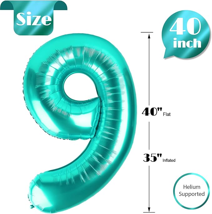 Teal Blue 9 Balloon, Number Balloons 40 Inch, 9th Giant Birthday Decorations for Girls, 19th 29th Party Decorations Supplies, Number 9 Balloon