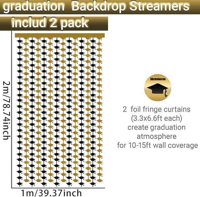Graduation Party Decorations - 2 Packs Black and Gold Foil Fringe Streamers Curtains for College High School Graduate, Glitter Graduation Hats Backdrop Decorations(3.3x6.6 ft)