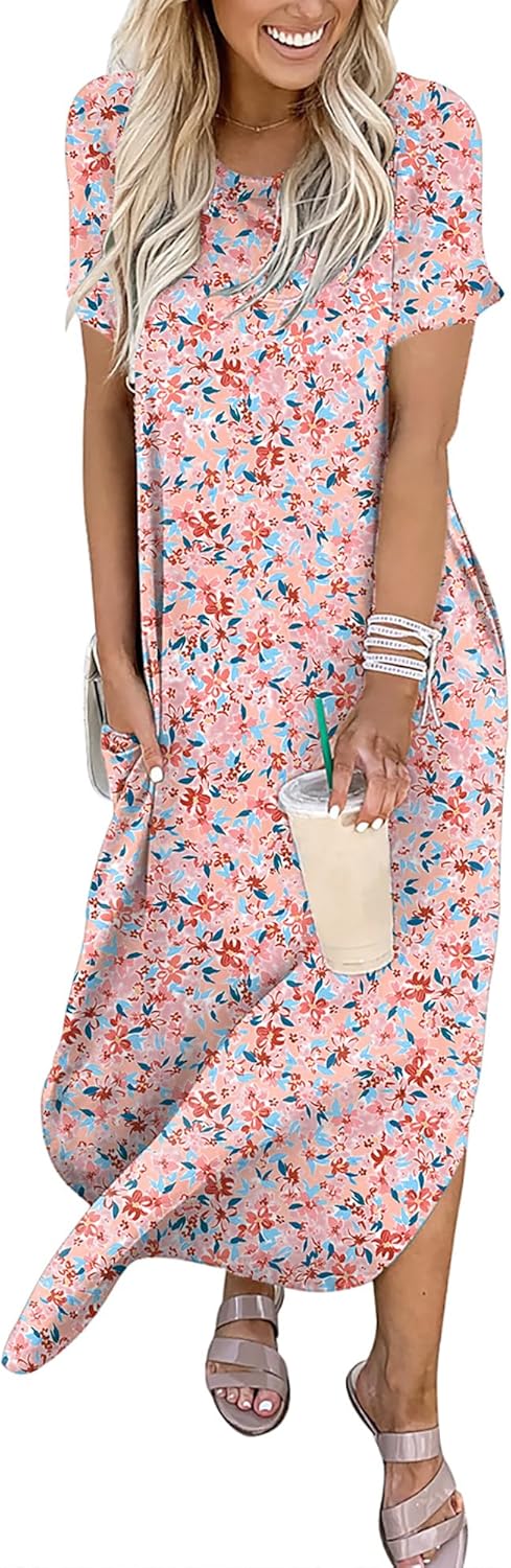 ANRABESS Womens Summer Maxi Dress Short Sleeve Casual Loose Long T Shirt Dresses Split Vacation Beach Sundress Travel Outfits