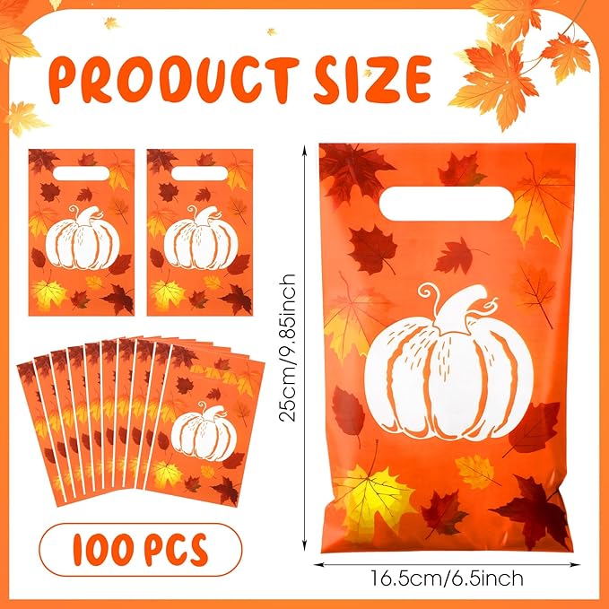 Supervitae 100 Pcs Thanksgiving Party Gift Bags Fall Pumpkin Favor Bags Bulk with Handles for Snacks Goodie Candy Treat Thanksgiving Party Supplies