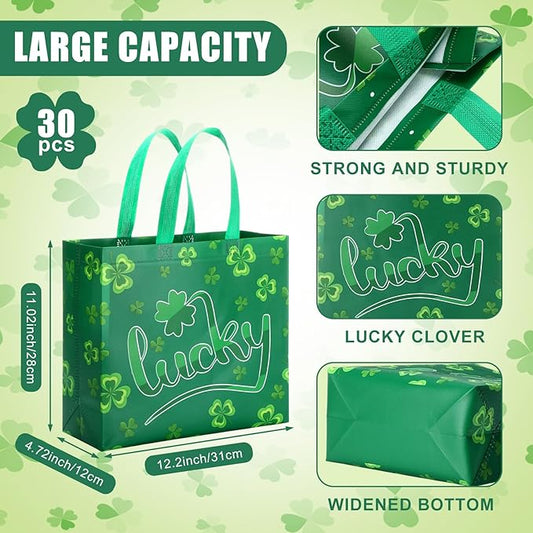 Abbylike 30 Pack St Patrick's Day Lucky Gift Bag Bulk Large Irish Gift Shamrock Clover Non Woven Goodie Bag for Party Favor