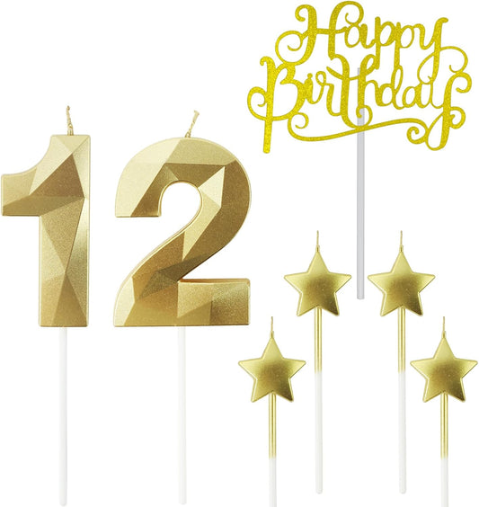 Golden Number 12 Birthday Candles and Star Birthday Candles 2.76 inch Birthday Cake Candles 3D Diamond Shaped Candles are Suitable for Birthday Parties and Anniversary Cake Decorations Candles