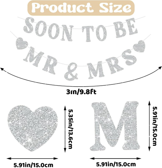 Soon To Be Mr & Mrs Banner for Bridal Shower Decorations, Pre-Strung Silvery Glitter Engagement Banner, Wedding Decorations for Home Party Mantle Hanging Sign Couples Shower Decorations