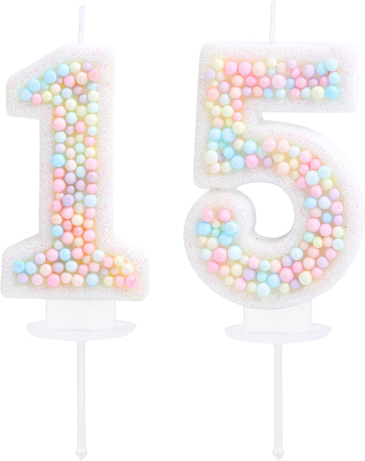 15th Birthday Candle Macaron Glitter 3D Pastel Number 15 Candles for Birthday Cakes Girl Women Sweet Theme Birthday Wedding Anniversary Party Cake Decoration