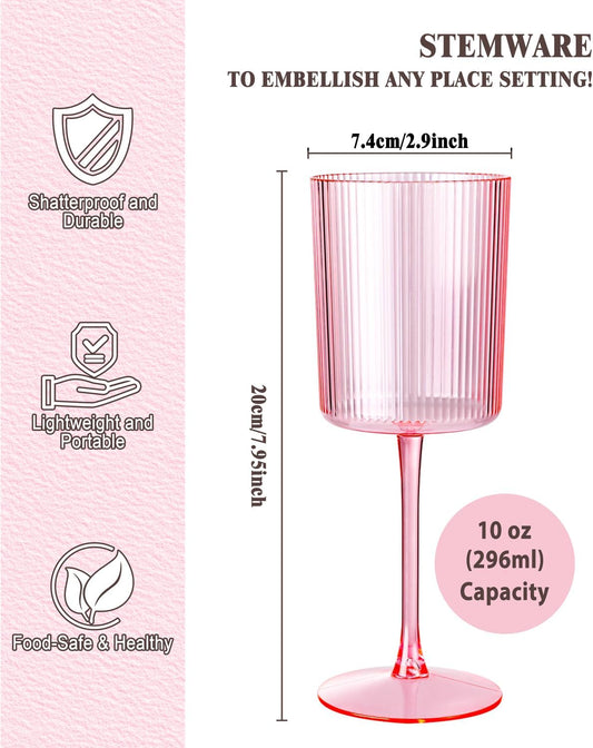 Ciaell 12 PCS Pink Plastic Ribbed Wine Glasses - 10 OZ Plastic Square Wine Glasses with Stem - Disposable Champagne Cups for Parties & Weddings & Party