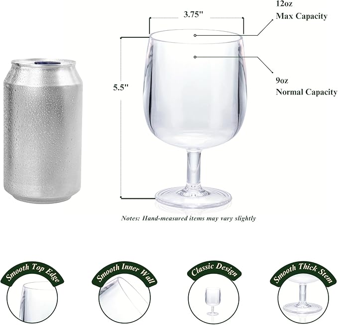 12oz Clear Stemmed Wines Cups (Set of 6), Shatter-Proof Acrylic Bar Glasses, BPA-Free, Dishwasher-Safe