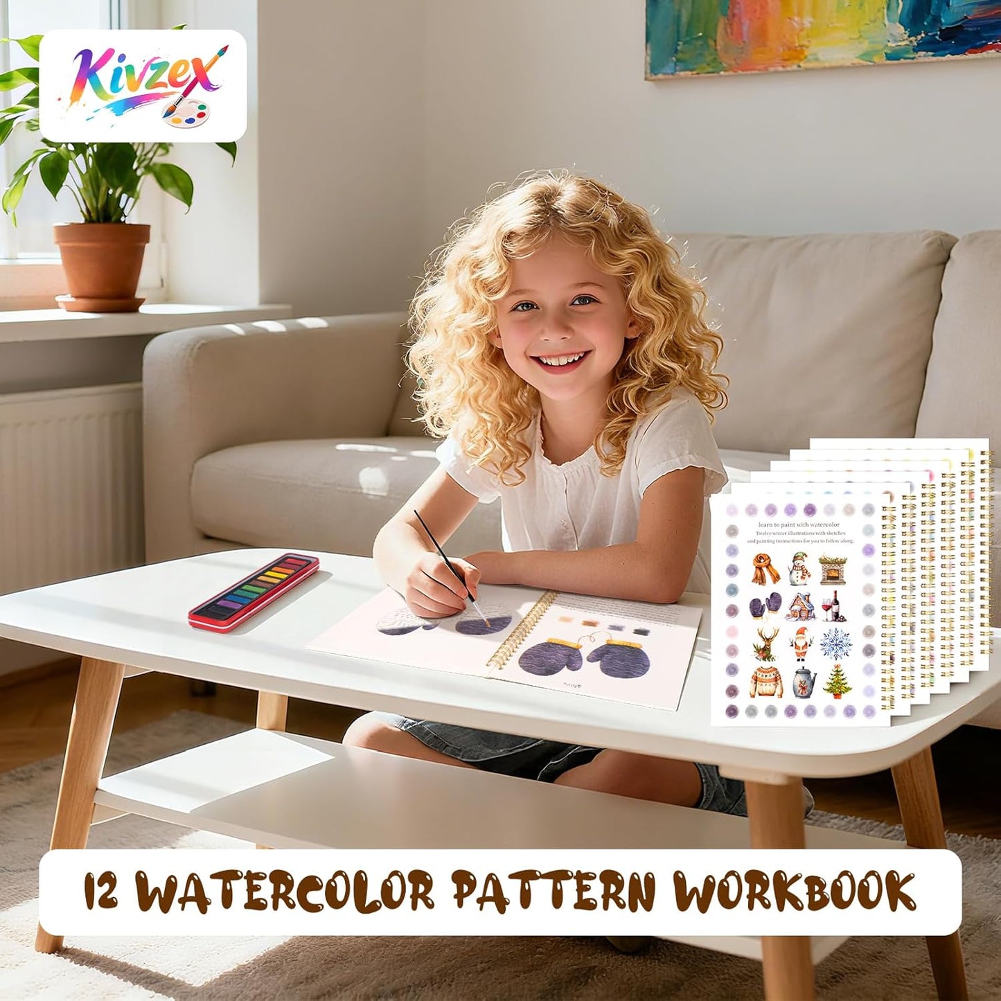 Kivzex Christmas Watercolor Workbook for Adults, Beginner Friendly Watercolor Painting Kit Winter Water Coloring Book, Nature-Themed Practice Art Gift Water Color Paint Book with Palette and Brush