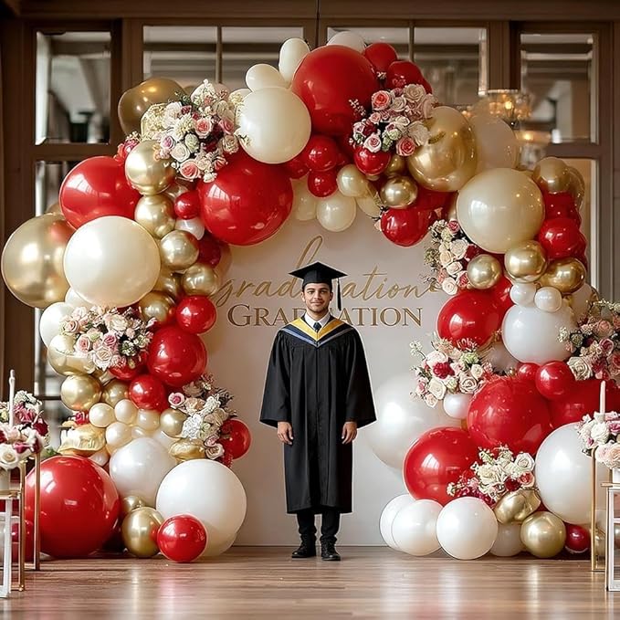 Red White Gold Balloon Garland Double Stuffed Burgundy Red White Sand Pearl Balloon Arch Kit Maroon Wine Balloons for Mother's Day Birthday Bridal Shower Wedding Graduation Party Decorations