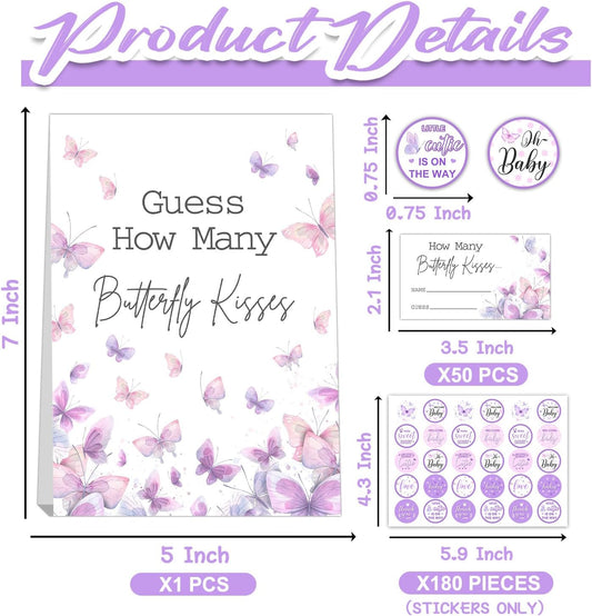 Butterfly Kisses Baby Shower Game Set - Guess How Many Kisses, 50 Cards, Standing Sign, 180 Stickers