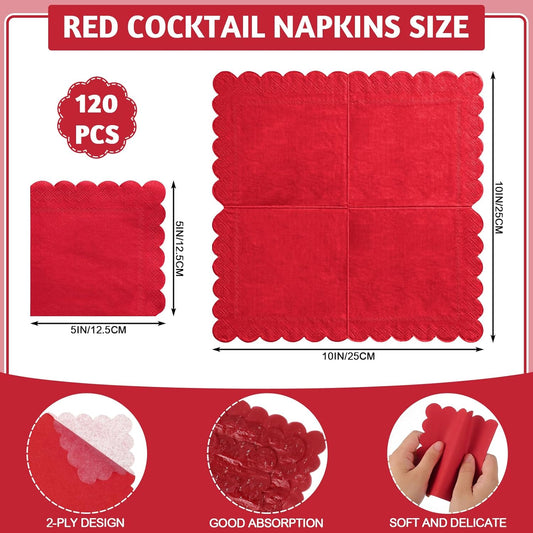 120 Pcs Red Napkins, Scalloped Christmas Napkins Red Cocktail Napkin Beverage Dessert Napkin for Christmas Birthday Wedding Baby Shower, 5 x 5 Inch