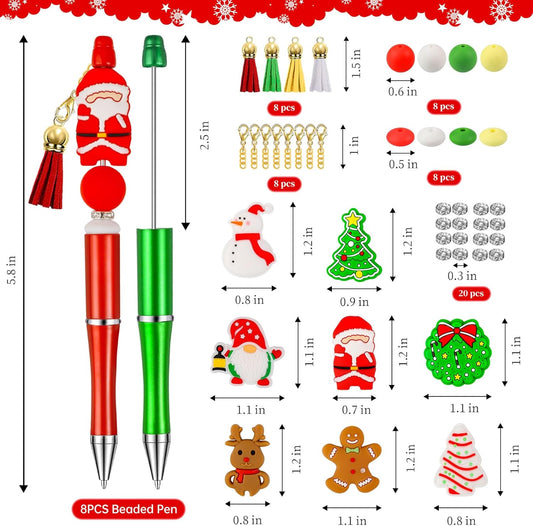 CZWZ 8 Pcs Christmas Beadable Pens, Plastic Beadable Pens with Multicolor Silicone Beads, Christmas Snowman Pine Tree Floral Hoop Deer Pens for Christmas Gifts Office School Supplies