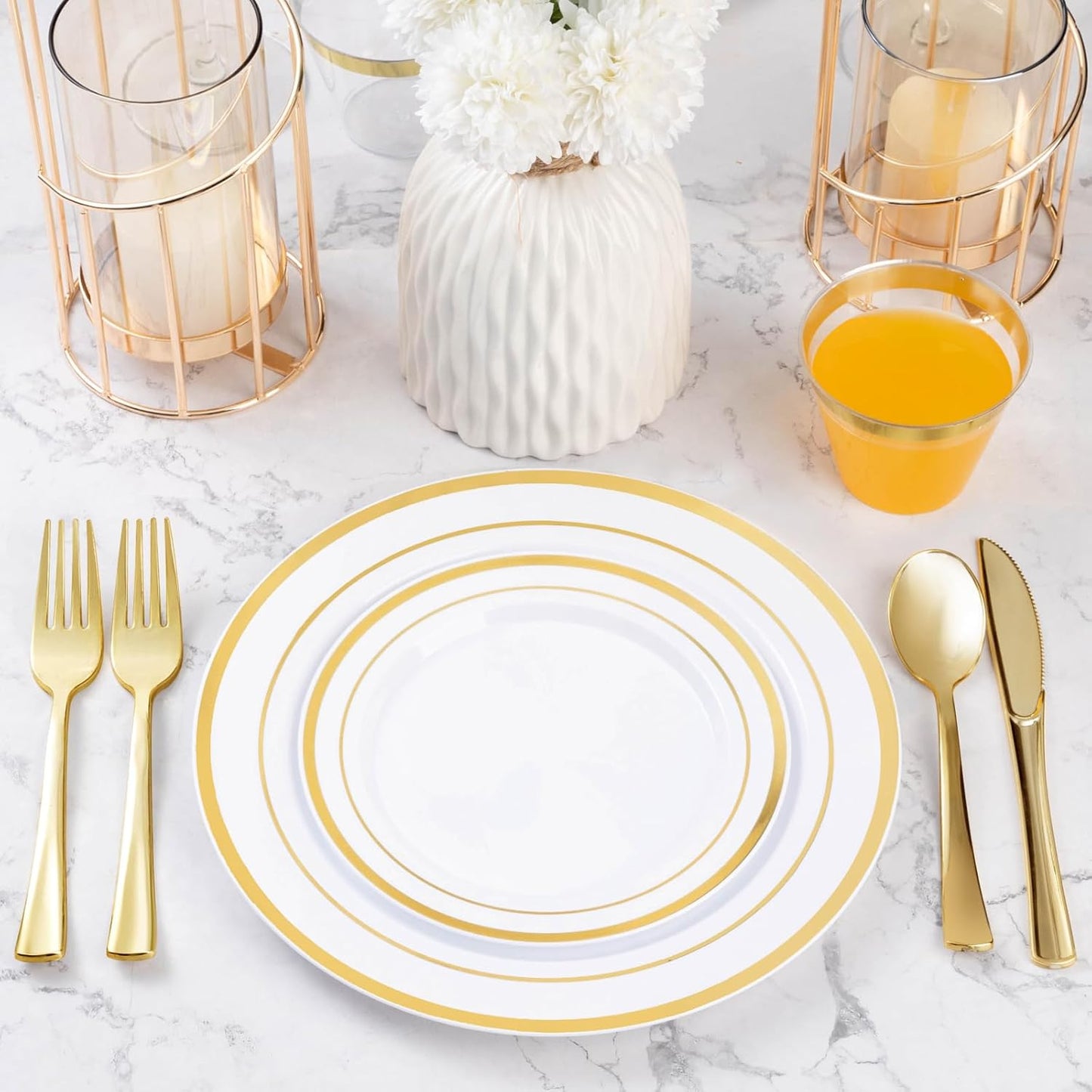 BESTVIP 600PCS Gold Plastic Plate Set (100 Guests), Plastic Plates for Party Wedding Birthday, Disposable Dinnerware Set of 200 Plates, 200 Forks, 100 Spoons, 100 Knives for Christmas, Thanksgiving
