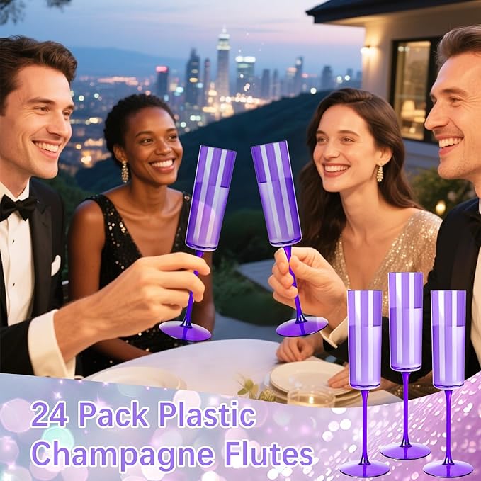 YOUBET 24 Pack Purple Plastic Champagne Flutes -6 Oz Clear Purple Champagne Glasses - Square Plastic Toasting Glasses for Birthday Anniversary Wedding & Party
