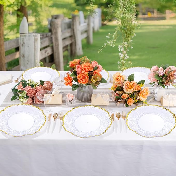 20pcs Clear and Gold Charger Plates Bulk 13inch Plastic Chargers for Dinner Plate Disposable Charger Plates Table Chargers for Wedding,Afternoon Tea,Spring,Mother's Day,Valentine's Day,Easter,Business