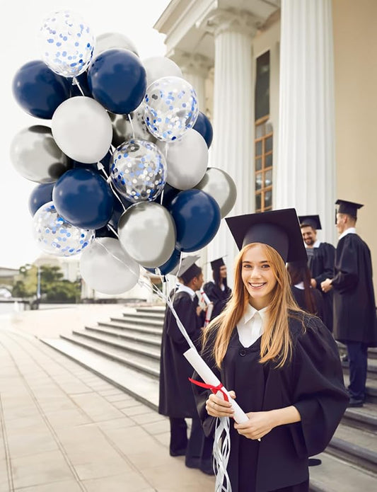 Navy Blue and Silver Balloons,12 Inch 60pcs Navy Blue Balloons with Silver Confetti Balloon,Pearl White Latex Balloon for Graduation,Birthday,Baby Shower,Anniversary,Wedding,Party