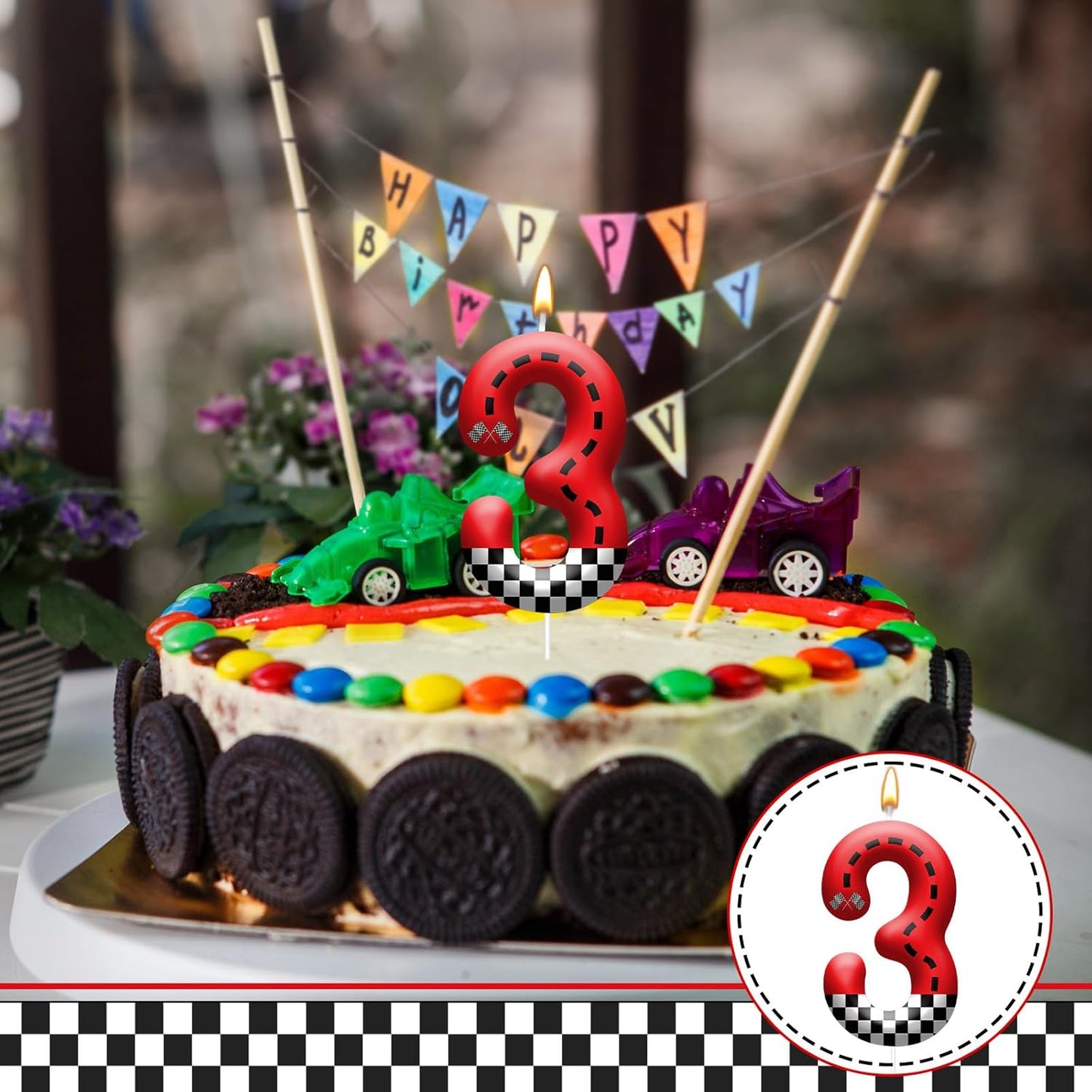 Racing Car Theme Birthday Candle with Checkered Flag Design - Durable Cake Topper for Race Car Party Decorations,Birthday Supplies - Number 3 Candle for Racing Themed Celebrations