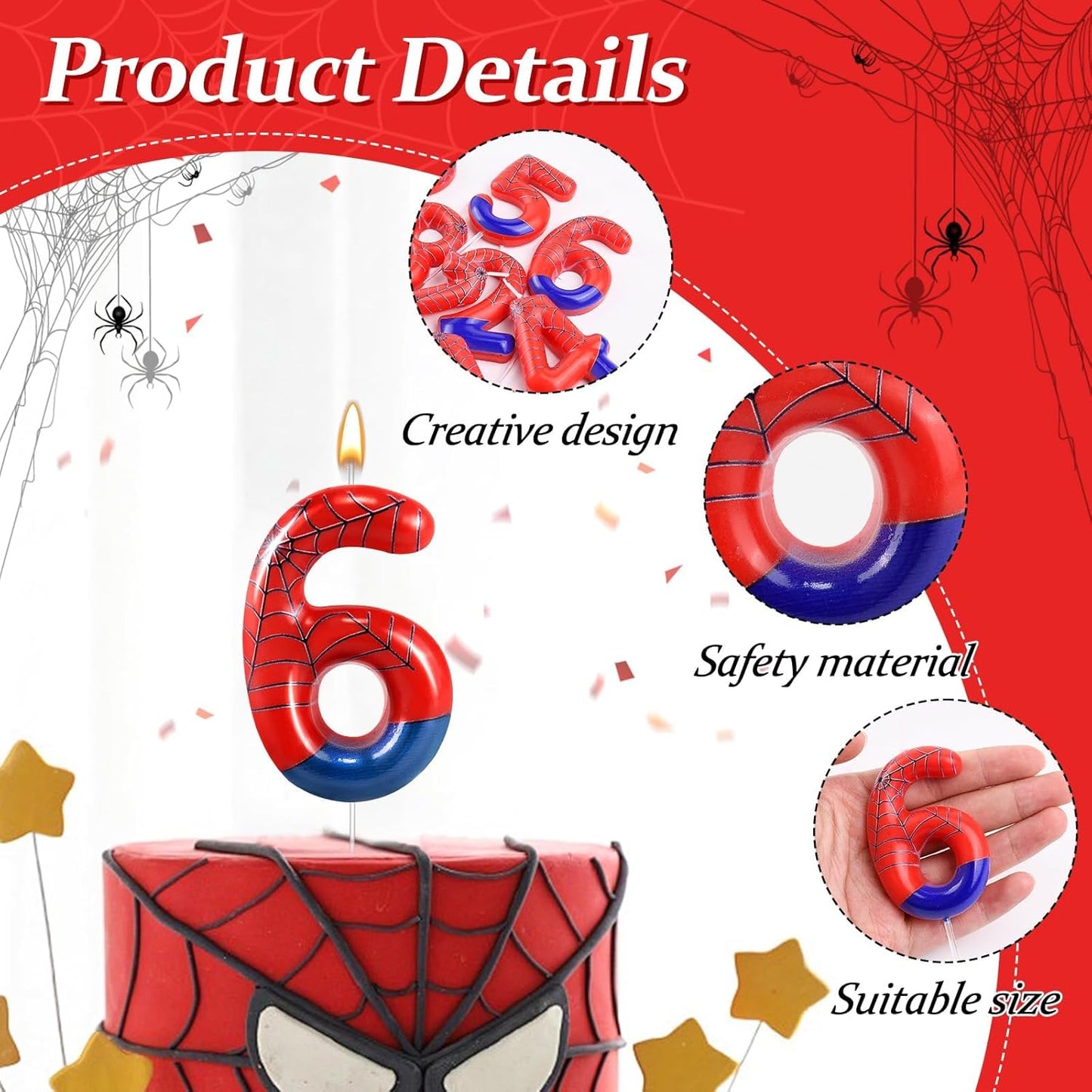 Spider Themed Birthday Candle Number 6 Candle Birthday Cake Candle Party Decoration Cake Topper for Spider Party Decoration Theme Party Supplies (Number 6), ZHX-306